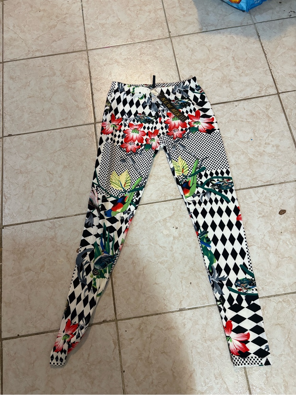 Women’s Floral & Geometric Print Leggings - Black & White with Colorful Accents